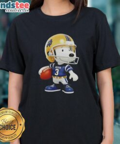 Cute Snoopy holding a ball and smiling at Notre Dame Fighting Irish fans in a ladies' tee, showcasing team spirit.