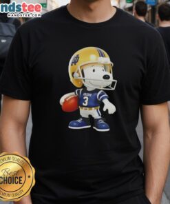 Alt Text: Cute Snoopy holding a ball, smiling at Notre Dame Fighting Irish fans on a vibrant t-shirt design.