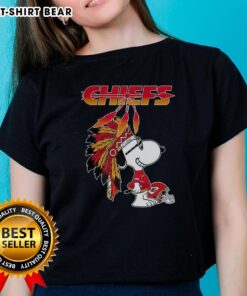 Alt Text: Cute Snoopy War Bonnets Kansas City Chiefs football helmet ladies tee, perfect for game day style and fandom.