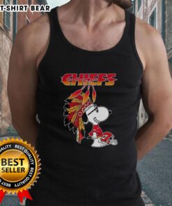 Alt Text: Cute Snoopy in war bonnets on Kansas City Chiefs football helmet tank top, perfect for football fans.