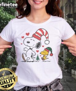 Alt Text: Cute Snoopy and Woodstock Christmas Love Ladies Tee featuring festive design and vibrant colors for holiday cheer.