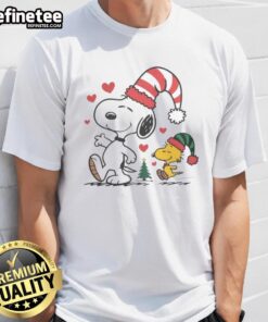 Alt Text: Cute Snoopy and Woodstock Christmas Love T-Shirt featuring festive graphics and cheerful holiday colors.