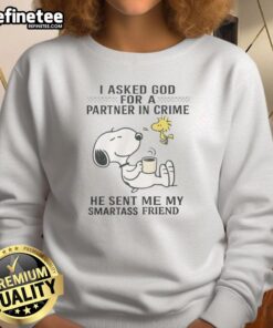 Alt Text: Cute Snoopy and Woodstock graphic on a sweatshirt, featuring the phrase I Asked For A Partner In Crime for friends.