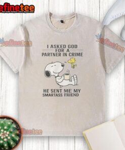 Alt Text: Cute Snoopy and Woodstock graphic on a washed t-shirt, humorously stating I asked for a partner in crime.