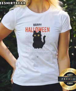 Cute spooky black cat graphic on a Halloween vibes ladies tee, perfect for festive autumn celebrations.