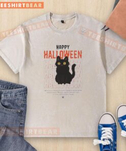 Cute spooky black cat graphic on a washed t-shirt, perfect for Halloween vibes and festive casual wear.