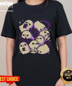 Alt Text: Cute spooky ghosts and witchcraft ladies graphic tee for Halloween, perfect for festive celebrations.