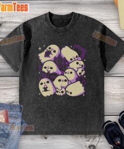 Alt Text: Cute spooky cute ghosts and witchcraft design on a washed t-shirt, perfect for Halloween fashion.