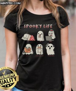 Cute spooky ghost design on a ladies tee, perfect for cat lovers who enjoy sleep, work, and cuddling their pets.