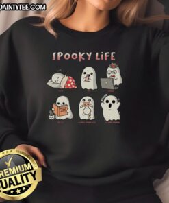 Alt Text: Cute spooky sweatshirt featuring a ghost design with the phrase Sleep, Eat, Work, Relax, Cuddle Your Cat.