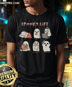 Alt Text: Cute spooky ghost T-shirt featuring 'Sleep Eat Work Relax Cuddle Your Cat' design perfect for Halloween lovers.