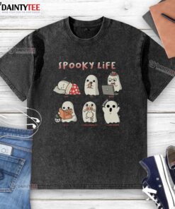 Cute spooky life ghost graphic on a washed t-shirt, perfect for cat lovers who enjoy quirky, fun designs.