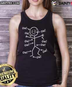 Alt Text: Cute stickman graphic on a tank top with 'Ow Ow Ow' text, perfect for casual wear and playful fashion.