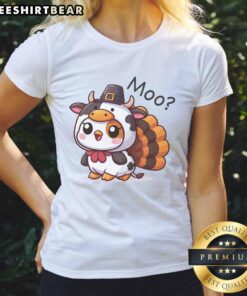 Cute Turkey Cow Moo Funny Thanksgiving Ladies Tee featuring a playful design perfect for holiday celebrations.
