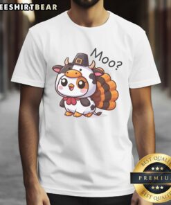 Alt Text: Cute Turkey Cow Moo Funny Thanksgiving T-Shirt featuring a whimsical turkey and cow design, perfect for holiday celebrations.