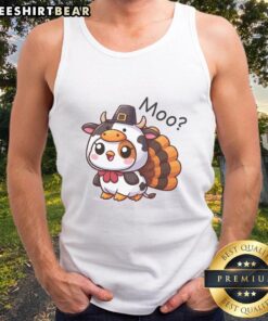 Adorable Cute Turkey Cow Moo Funny Thanksgiving Tank Top design featuring a whimsical turkey and cow illustration.