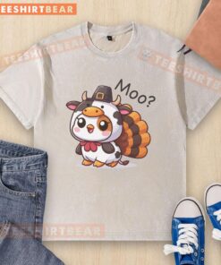 Cute turkey and cow graphic on a funny Thanksgiving washed t-shirt, perfect for holiday celebrations.