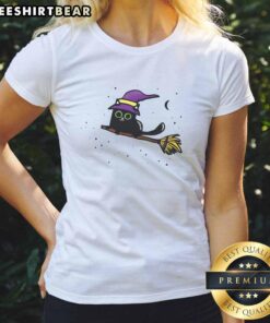 Alt Text: Adorable black cat dressed as a witch on a Halloween ladies tee, perfect for festive celebrations.