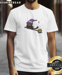 Adorable Cute Witchy Kitty Halloween T-Shirt featuring a playful cat in a witch hat, perfect for Halloween festivities.