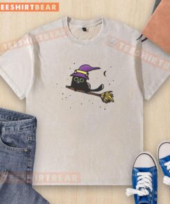 Alt Text: Cute Witchy Kitty Halloween washed t-shirt featuring an adorable black cat with a witch hat and spooky designs.