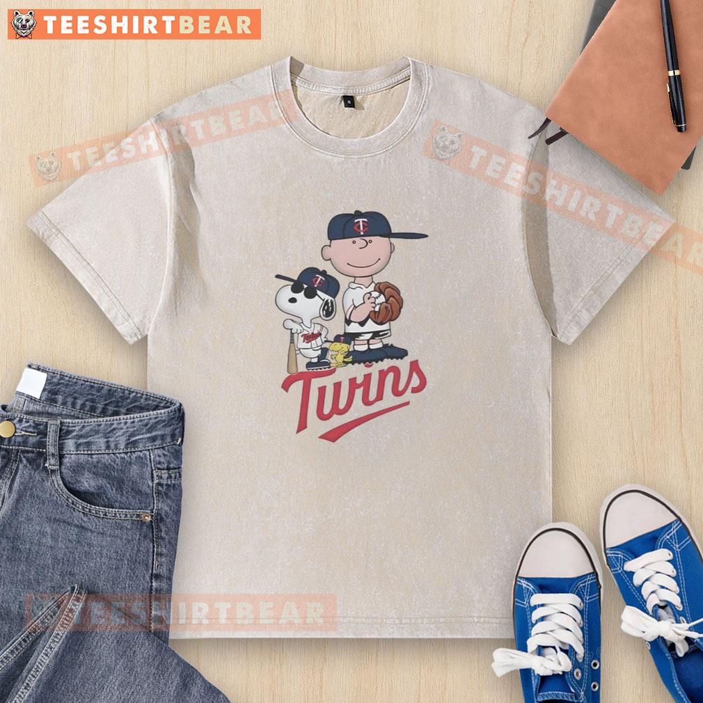 Good Peanuts Characters Minnesota Twins Washed T Shirt Good Peanuts characters on a Minnesota Twins washed t-shirt, showcasing a playful baseball-themed design for fans.