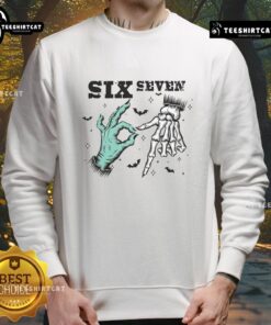 Funny Halloween sweatshirt featuring a witch skeleton with hands, perfect for spooky season and meme lovers.