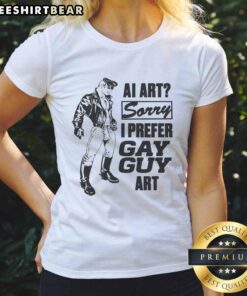 Funny AI art on a ladies tee featuring 'Sorry, I Prefer Gay Guy' slogan, perfect for humor and LGBTQ+ pride.