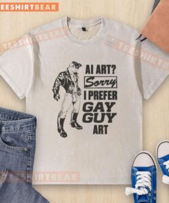 Funny AI Art 'Sorry, I Prefer Gay Guy' design on a washed t-shirt showcasing humor and LGBTQ+ pride.