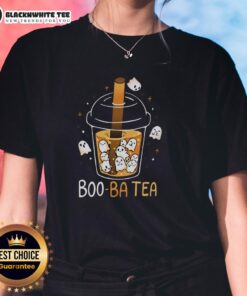 Funny Boo Ba Tea Halloween ghost boba tea ladies tee featuring a playful ghost design and festive colors.