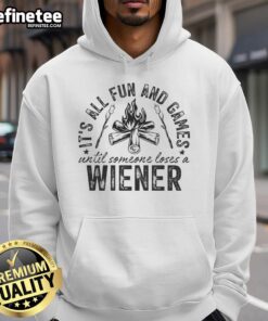 Funny camping hoodie with 'All fun and games until someone loses a weiner' design, perfect for outdoor adventures.