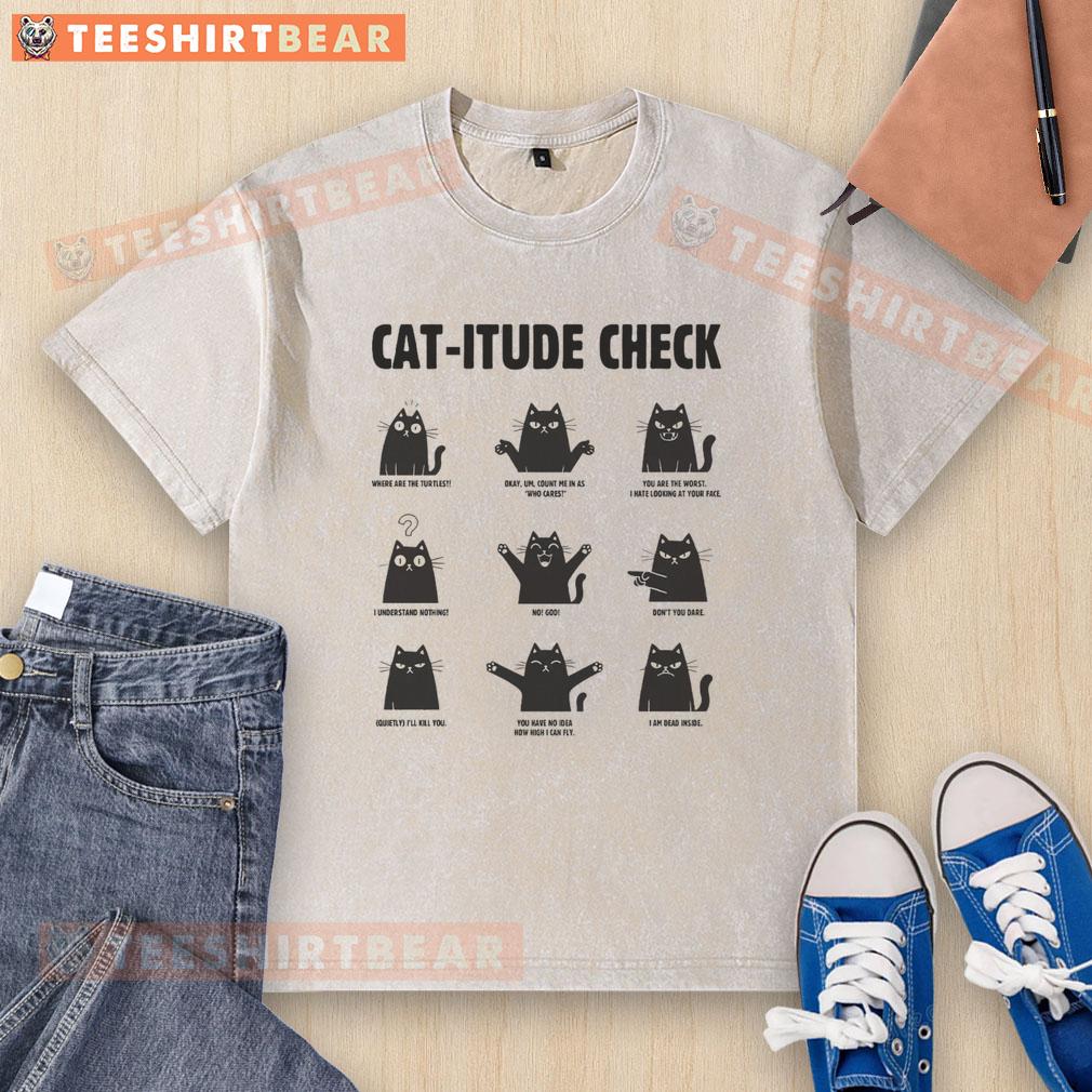 Funny Cat Itude Check Washed T Shirt Funny cat wearing a washed t-shirt with a quirky attitude, showcasing a playful cat-itude check.