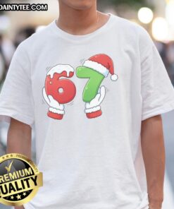 Funny Christmas 67 meme featuring Santa Claus hands on a T-shirt, perfect for holiday humor and festive celebrations.