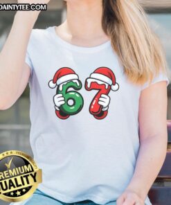 Funny Christmas meme featuring Santa's hands with text '67 Sixty-Seven' on a stylish ladies tee design.