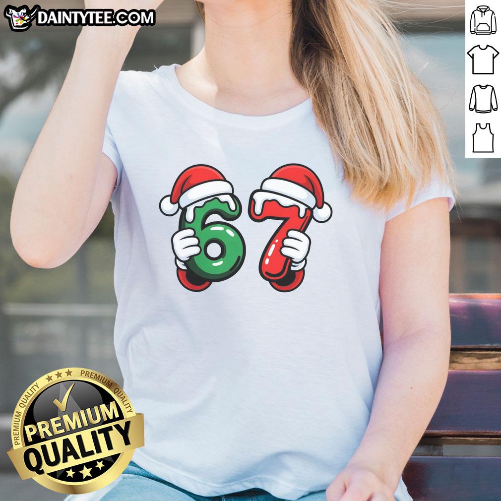 funny-christmas-67-santa-hands-meme-6-7-sixty-seven-ladies-tee Funny Christmas meme featuring Santa's hands with text '67 Sixty-Seven' on a stylish ladies tee design.