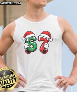 Funny Christmas meme featuring Santa hands on a tank top, perfect for holiday humor and festive apparel.