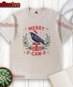 Funny Christmas F Caw F Raven Xmas washed t-shirt featuring a humorous raven graphic for festive holiday spirit.