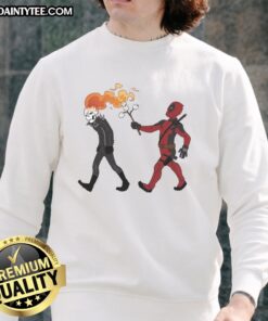 Funny Deadly S'mores sweatshirt featuring Deadpool and Ghost Rider in a quirky design for comic fans.