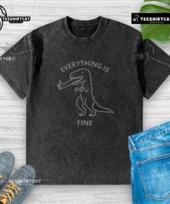 Funny Everything Is Fine T-Rex washed t-shirt featuring a cartoon dinosaur with a humorous design on a vibrant background.