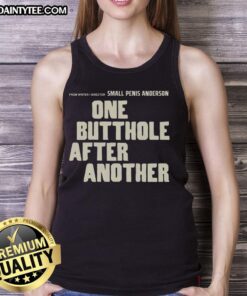 Alt Text: Funny writer/director Small Penis Anderson wearing a humorous tank top featuring the phrase 'One Butthole After Another'.