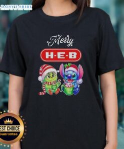 Funny Grinch and Stitch X H-E-B Merry Christmas ladies tee featuring vibrant holiday graphics and playful design.