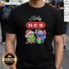 Alt Text: Funny Grinch and Stitch X H-E-B Merry Christmas T-Shirt featuring colorful graphics for festive holiday cheer.