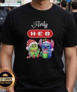 Alt Text: Funny Grinch and Stitch X H-E-B Merry Christmas T-Shirt featuring colorful graphics for festive holiday cheer.