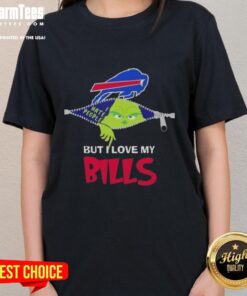 Funny Grinch Christmas tee for ladies featuring Buffalo Bills logo, perfect for holiday cheer and sports fans.
