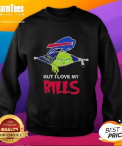 Funny Grinch Christmas sweatshirt featuring 'But I Love My Buffalo Bills' design, perfect for holiday fans and sports lovers.