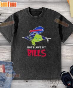 Funny Grinch Christmas shirt featuring a Buffalo Bills logo, perfect for holiday cheer and sports fans.