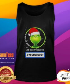 Alt Text: Funny Grinch Christmas tank top featuring a humorous quote about smiling and working at Penske Corporation.