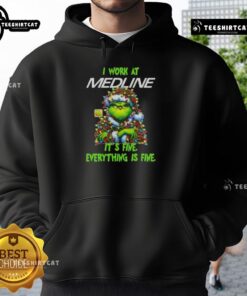 Funny Grinch Christmas tree hoodie featuring 'I work at, it's fine, everything is fine' slogan for festive humor.
