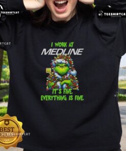 Funny Grinch Christmas Tree sweatshirt featuring 'I Work At It's Fine Everything Is Fine' design for festive humor.