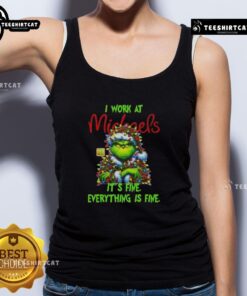 Funny Grinch Christmas Tree tank top design featuring 'It's fine, everything is fine' slogan for holiday cheer.