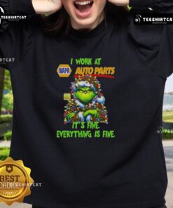 Funny Grinch Christmas Tree sweatshirt from Napa Auto Parts with 'It's Fine, Everything is Fine' quote for festive humor.